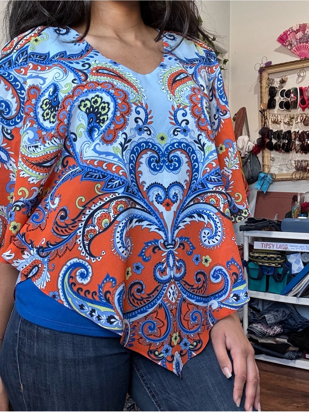 Paisley Print V-Neck Poncho Top - Blue & Orange